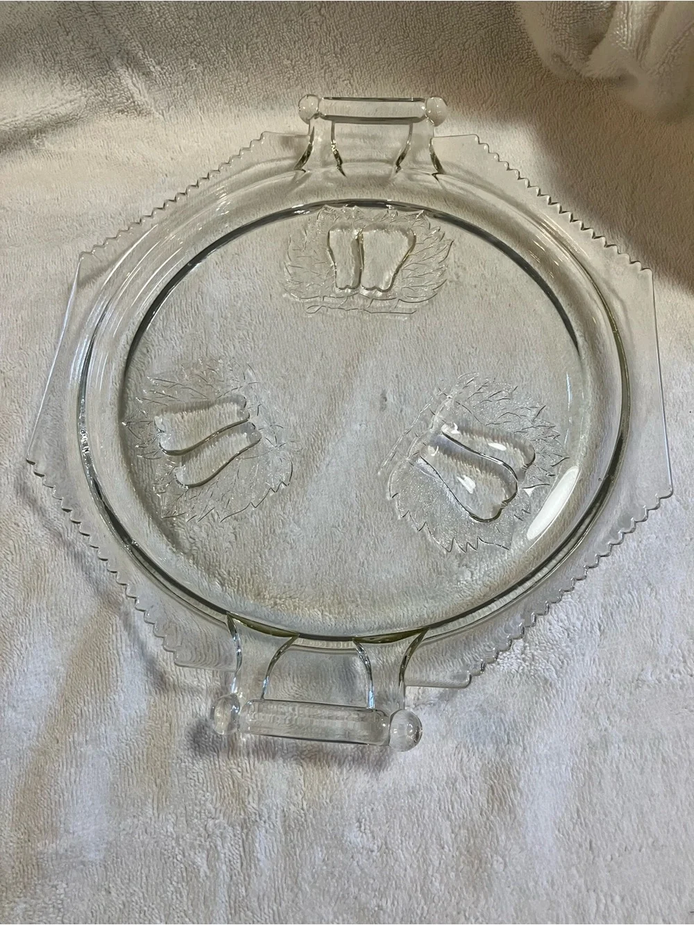 vintage Jeannette Glass Baltimore Pear handled cake plate embossed pears